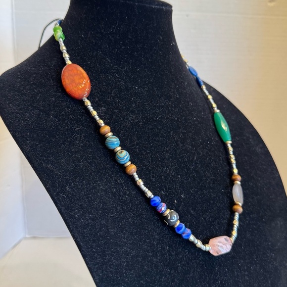 Necklace Art Glass Orange Dragon Vein Agate Beaded Colorful Adjustable Strand - Picture 2 of 16